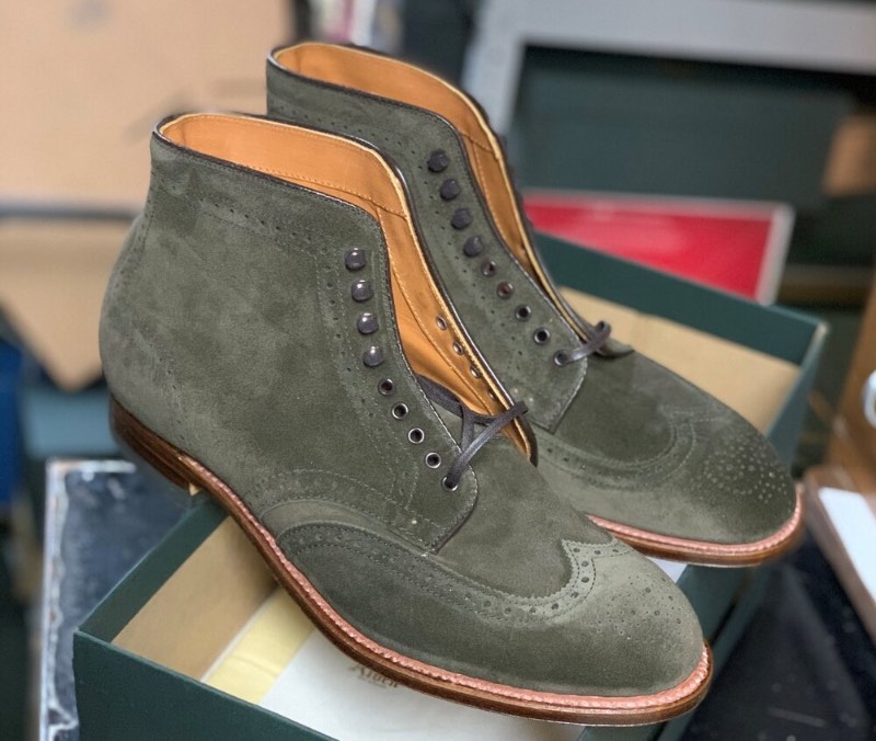 alden moulded shoe loden green suede wingtip boot modified last