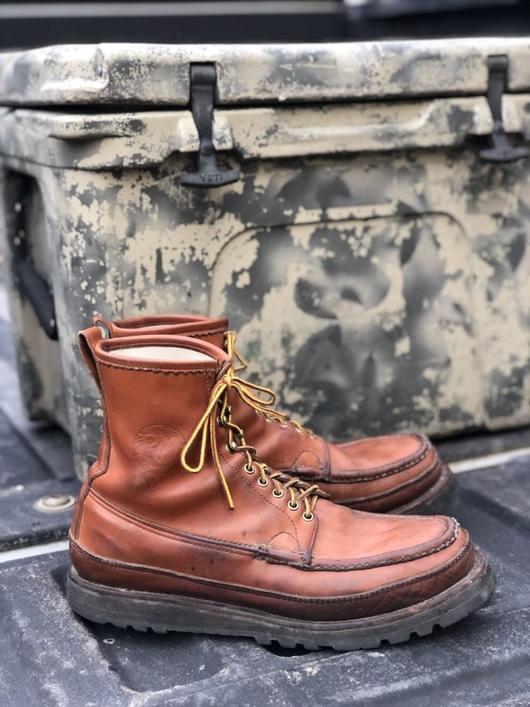 Russell Moccasin Birdshooter—Tanneries Haas Tan French Veal—Stitchdown Patina Thunderdome