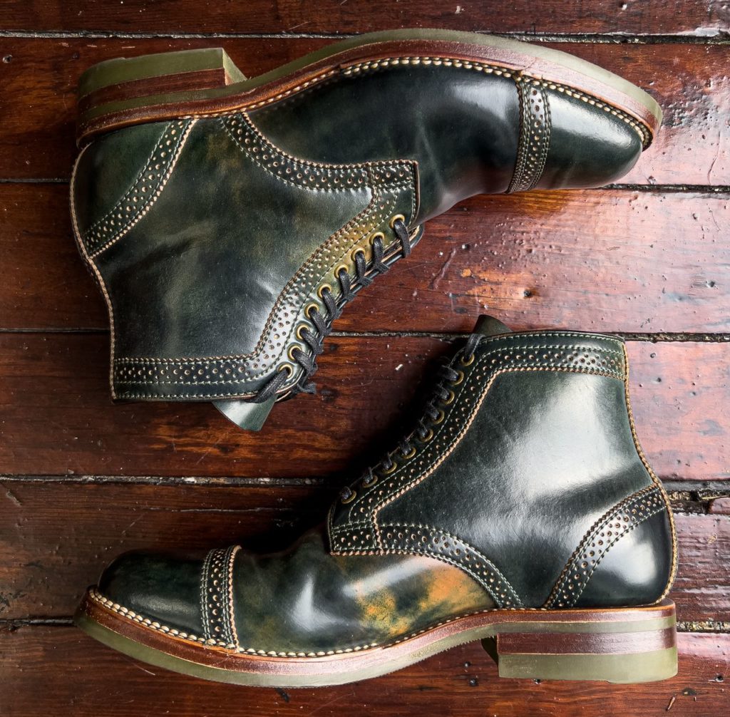 flame panda cap toe service boot marbled black shell cordovan