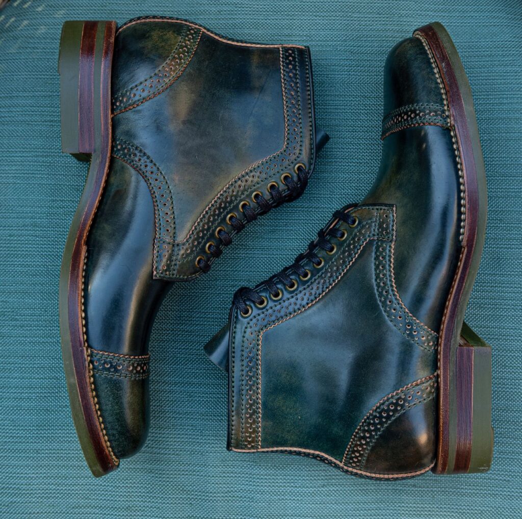 Flame Panda Brogue Cap Toe Service Boot Horween Marbled Black Shell Cordovan patina thunderdome beginning