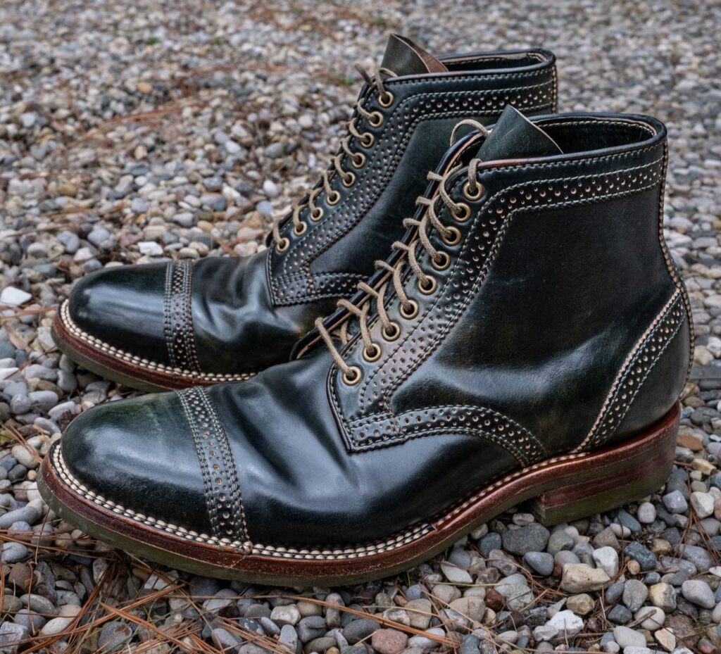 Flame Panda Brogue Cap Toe Service Boot Horween Marbled Black Shell Cordovan patina thunderdome end