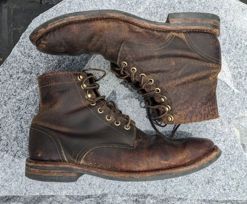 Oak Street Bootmakers Trench Boot Dark Waxy Wild Boar patina thunderdome end