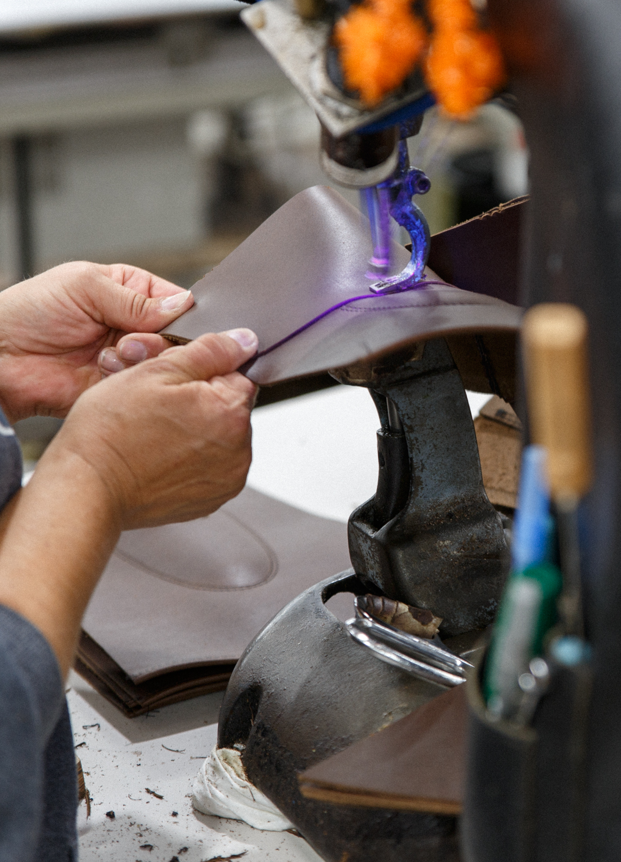 red wing shoes puritan stitcher in operation