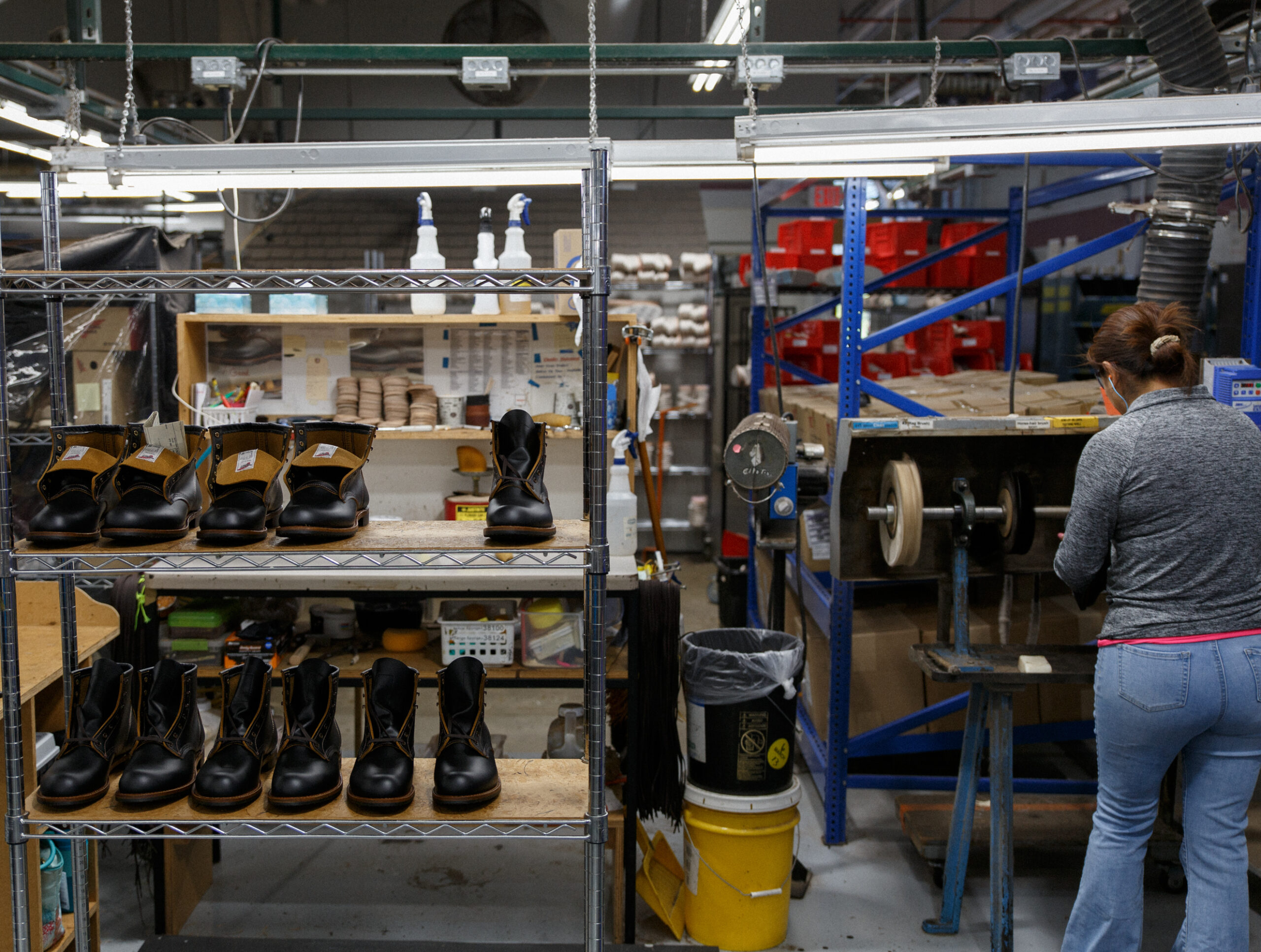 red wing shoes waiting for inspection