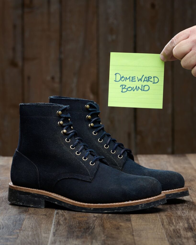 Stitchdown Patina Thunderdome—Oak Street Bootmakers Trench Boot—Horween Natural Indigo CXL Roughout