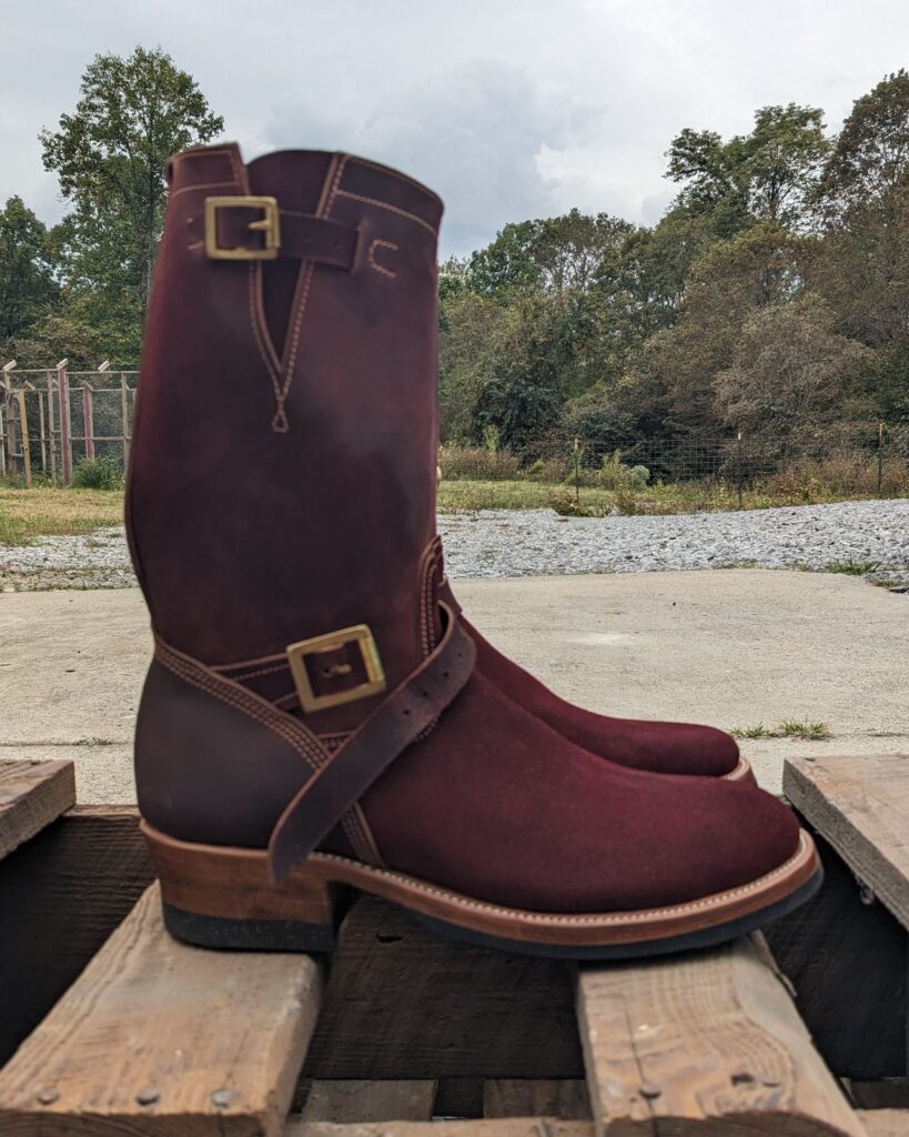 Stitchdown Patina Thunderdome—Unsung House U 22-2 Engineer Boot—Horween Burgundy Workshoe Butt Roughout