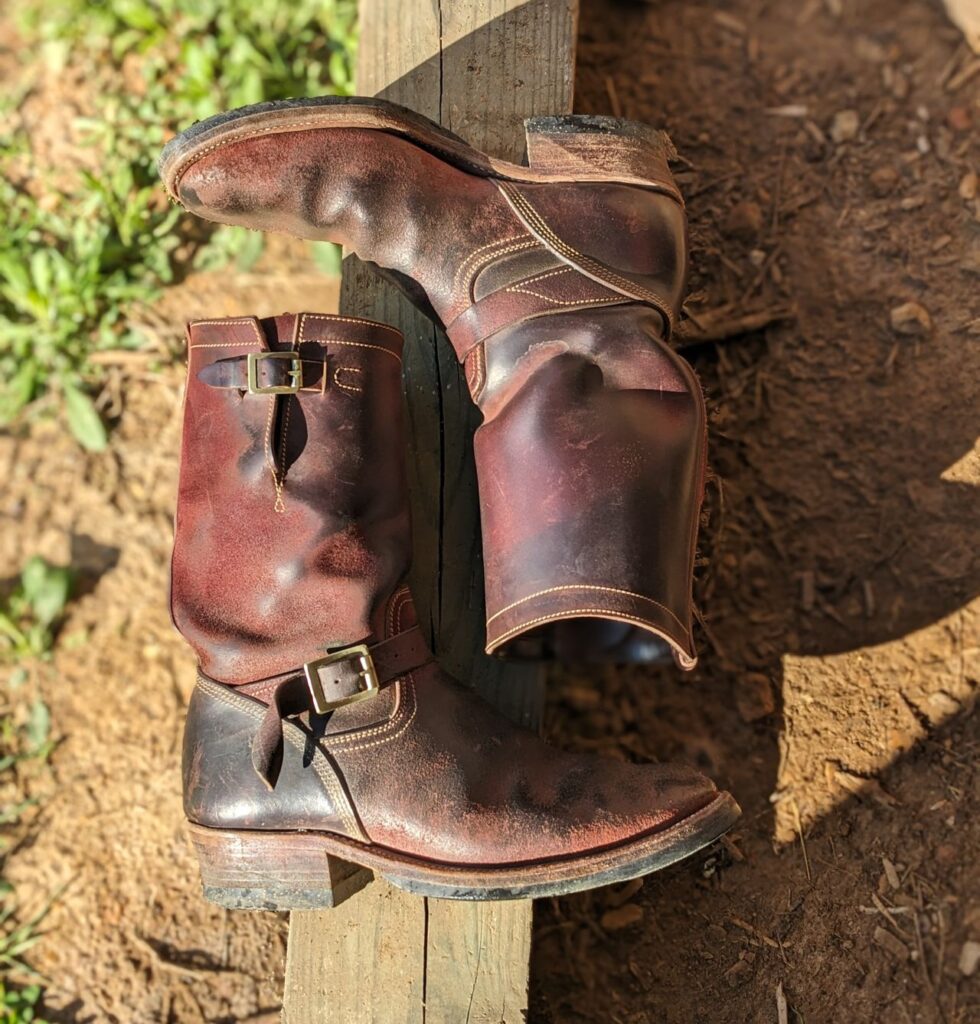 Stitchdown Patina Thunderdome—Unsung House U 22-2 Engineer Boot—Horween Burgundy Workshoe Butt Roughout