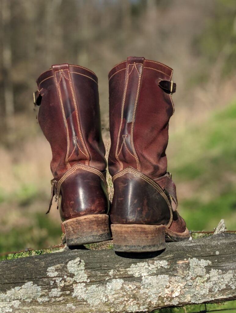 Stitchdown Patina Thunderdome—Unsung House U 22-2 Engineer Boot—Horween Burgundy Workshoe Butt Roughout