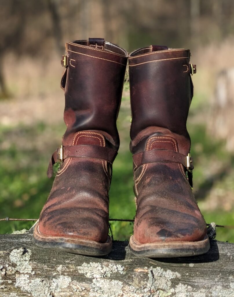 Stitchdown Patina Thunderdome—Unsung House U 22-2 Engineer Boot—Horween Burgundy Workshoe Butt Roughout