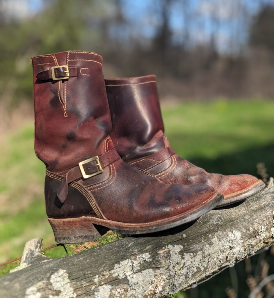 Stitchdown Patina Thunderdome—Unsung House U 22-2 Engineer Boot—Horween Burgundy Workshoe Butt Roughout