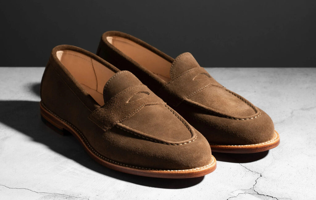 Grant Stone Traveler Penny Loafer in CF Stead Husk Suede